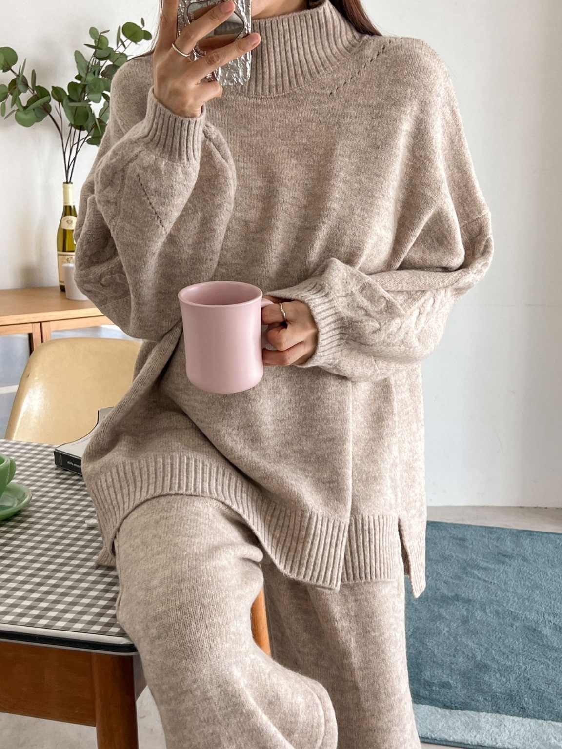 ウール混ハイネックケーブルラインニット&ドロストパンツSET | 詳細画像4