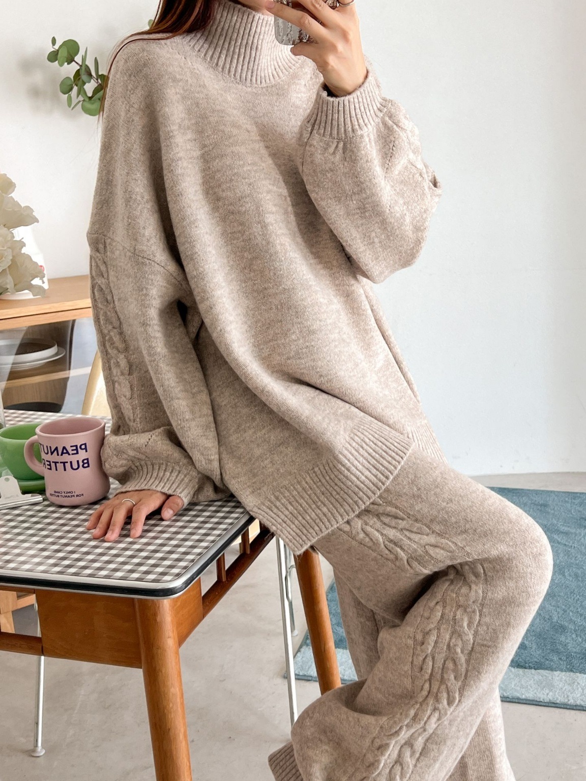 ウール混ハイネックケーブルラインニット&ドロストパンツSET | 詳細画像10