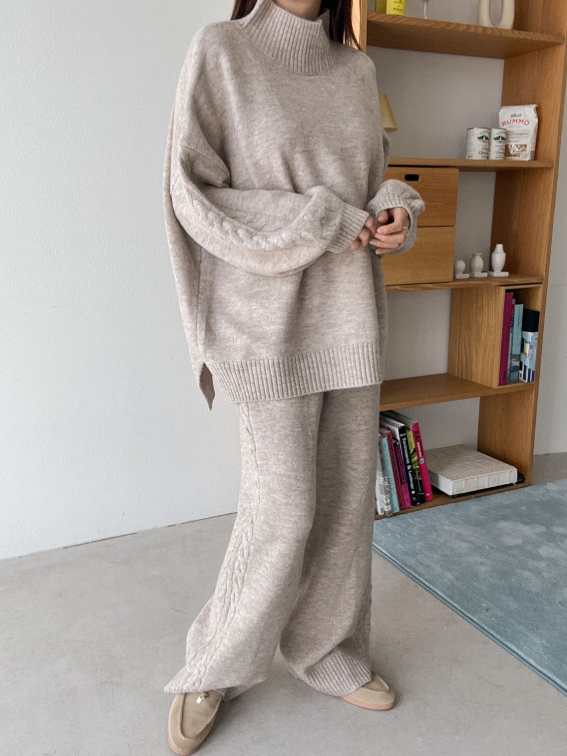 ウール混ハイネックケーブルラインニット&ドロストパンツSET | 詳細画像19
