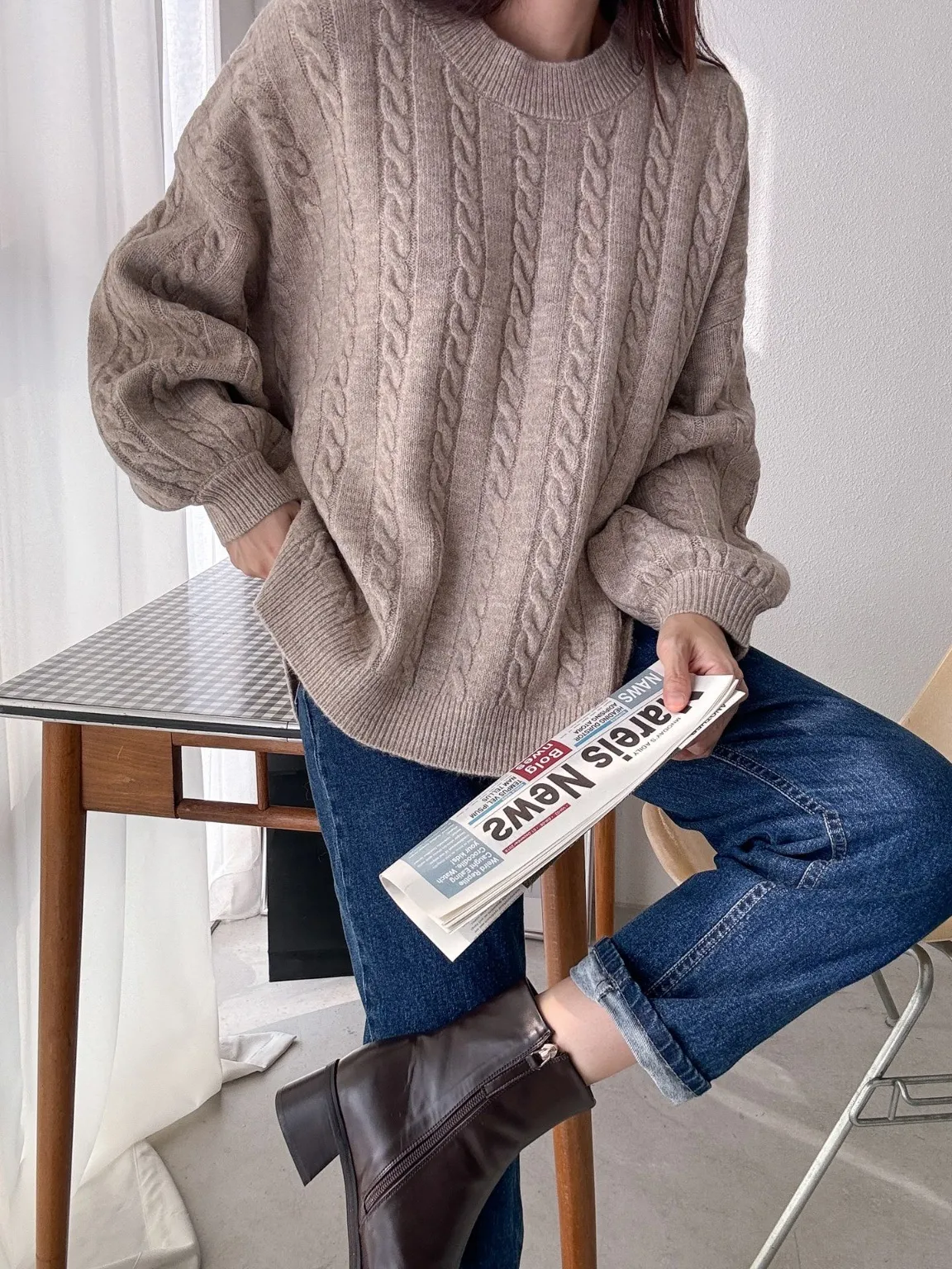 ウール混スリットバルーンスリーブケーブルニット | 詳細画像1