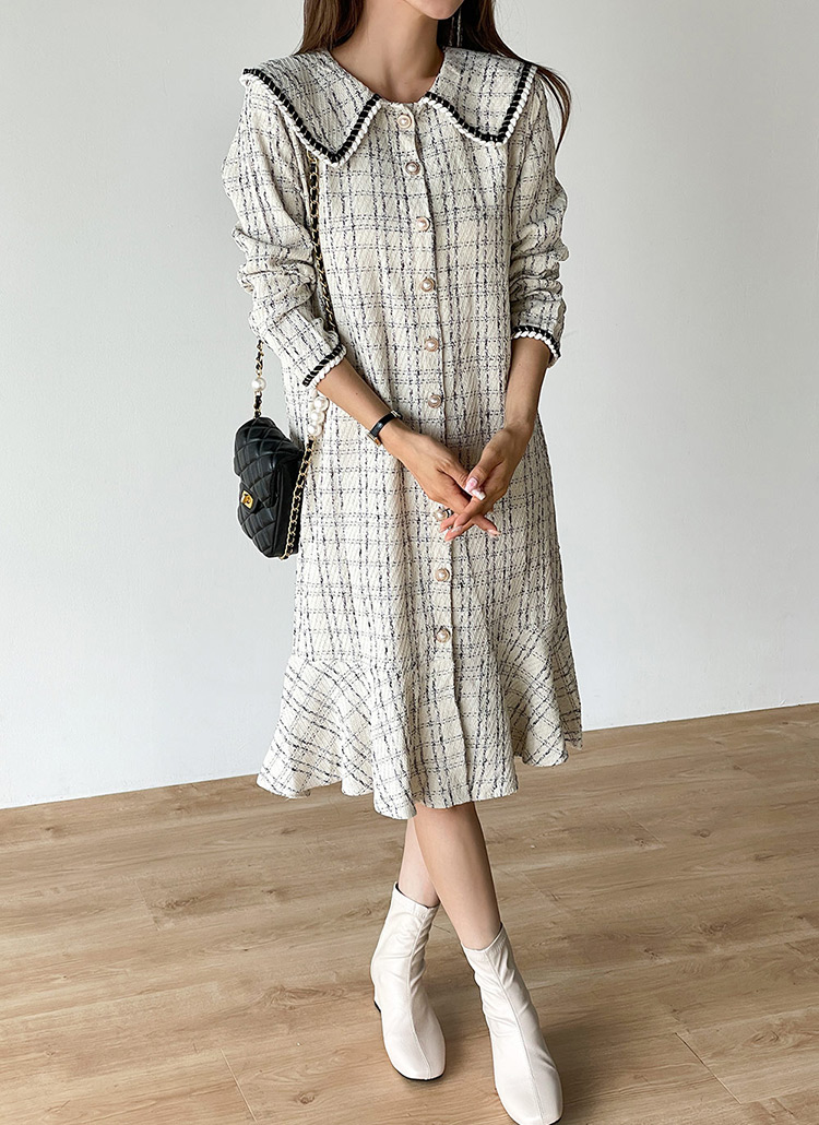 ツイードパール調ボタンカラーワンピース | レディースファッション