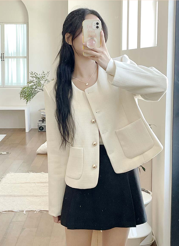 ラウンドパッチポケットツイードジャケット | レディースファッション