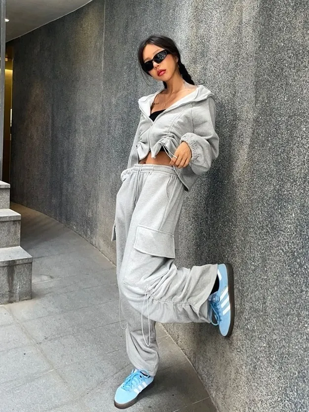 シャーリングラグランダブルジップパーカー&ドロストカーゴスウェット  