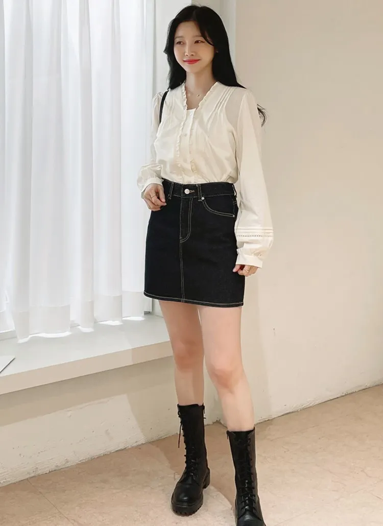 Hラインブラックデニムミニスカート | theselfie | 詳細画像1