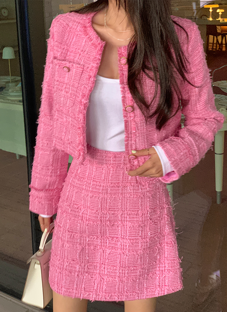 オースチンリード　ツイード　ジャケット　ノーカラー　ピンク黒 オースチンリード ツイード ジャケット ノーカラー ピンク黒