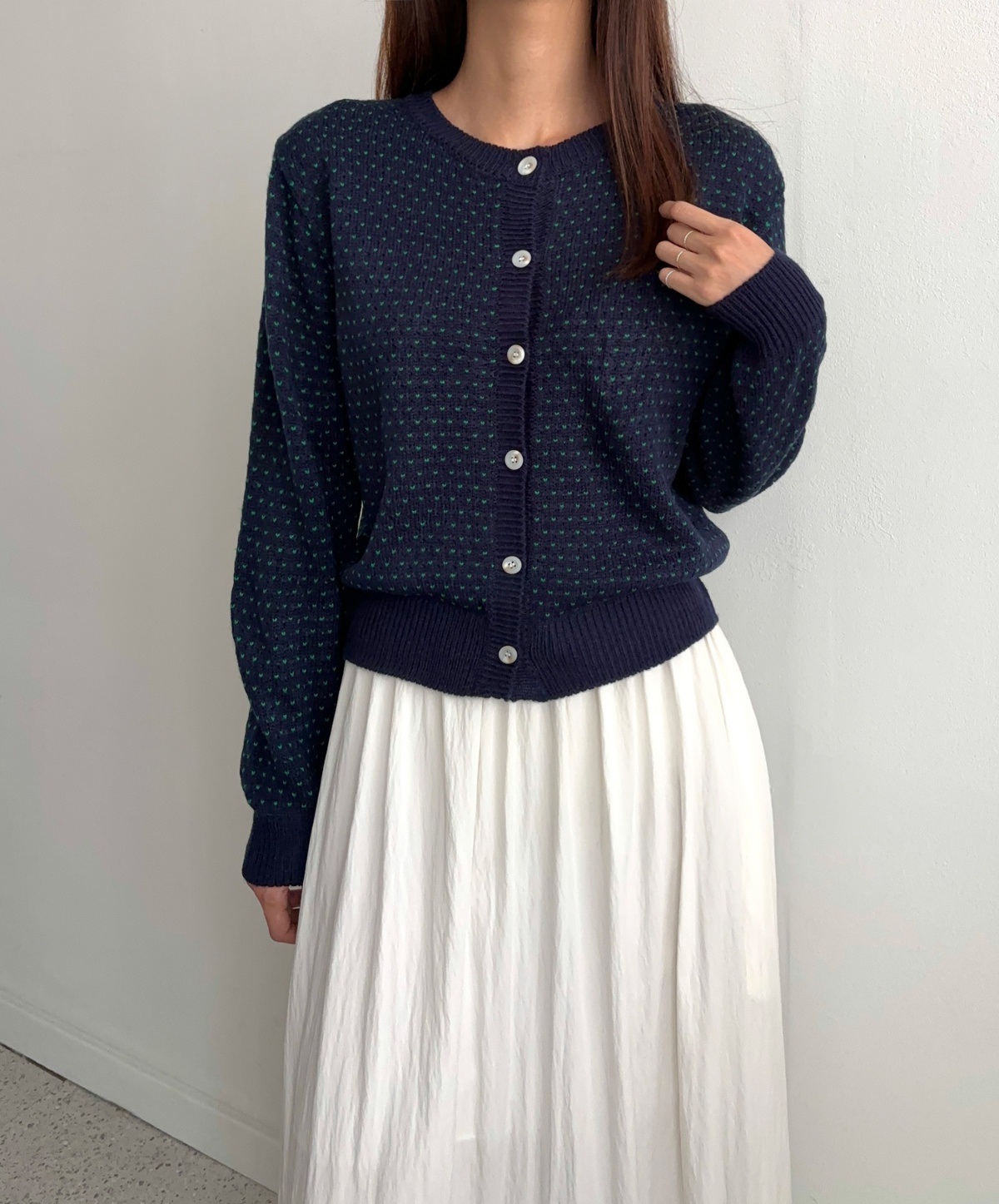 ハートドット刺繍パンチングニットカーディガン | レディース