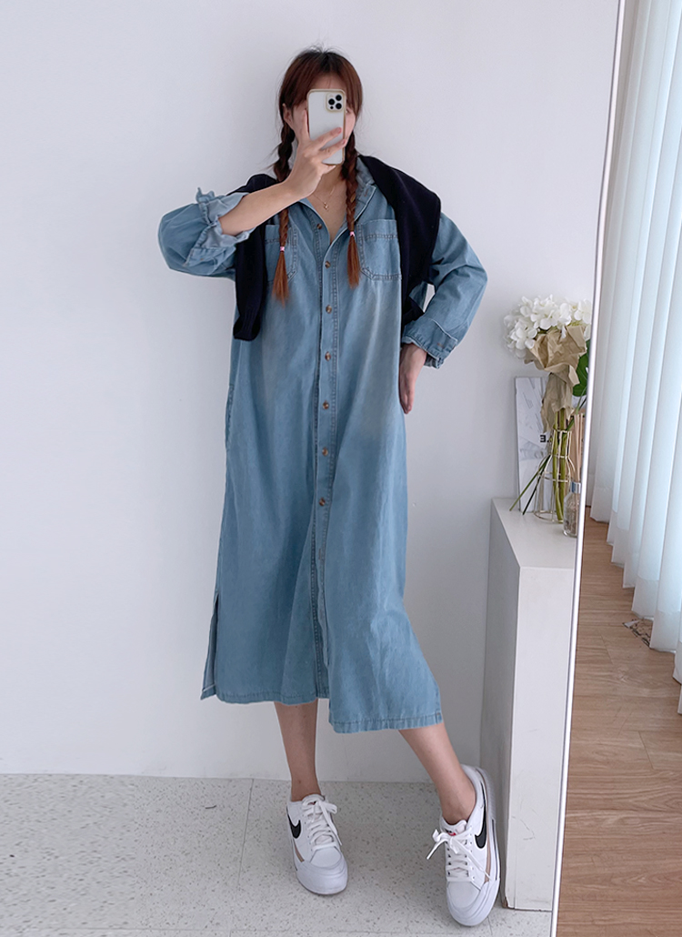 デニムスリットロングシャツワンピース | レディースファッション通販