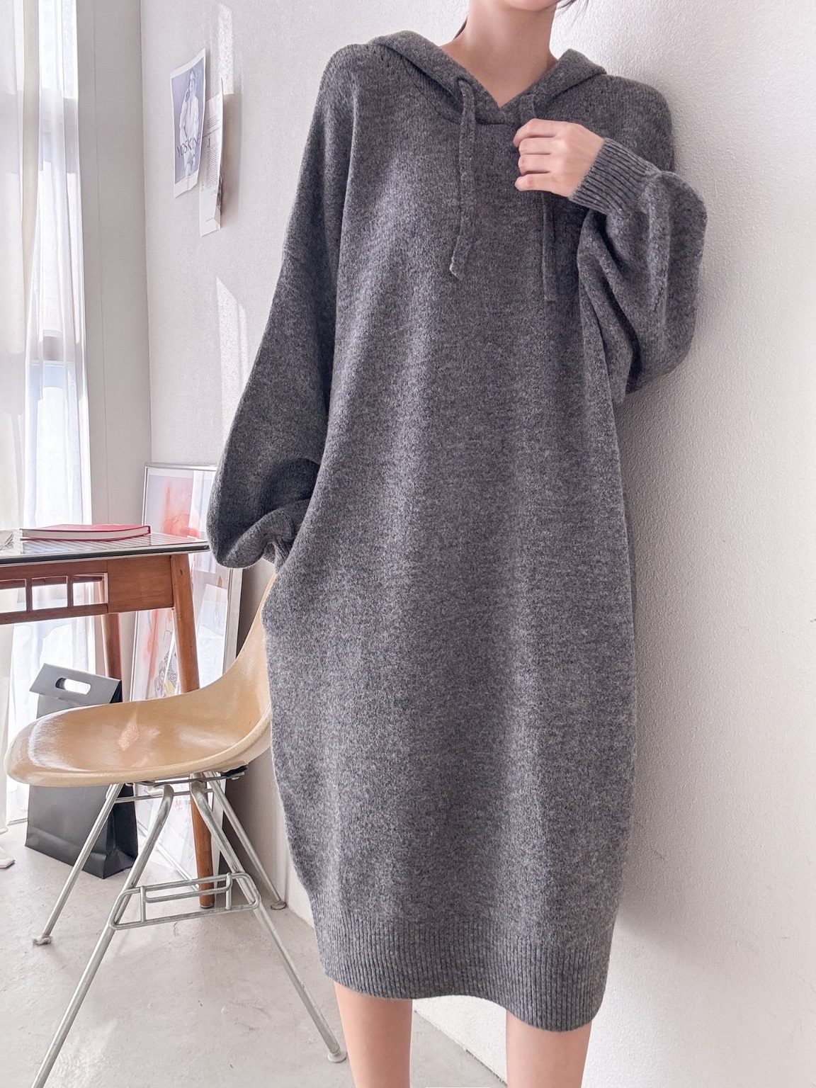 ウール混パンチングパーカーニットワンピース | 詳細画像8