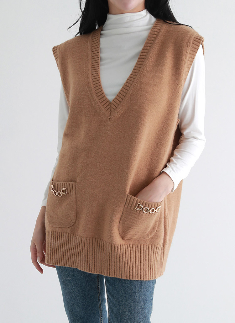 チェーンポケットVネックロングベスト | レディースファッション通販