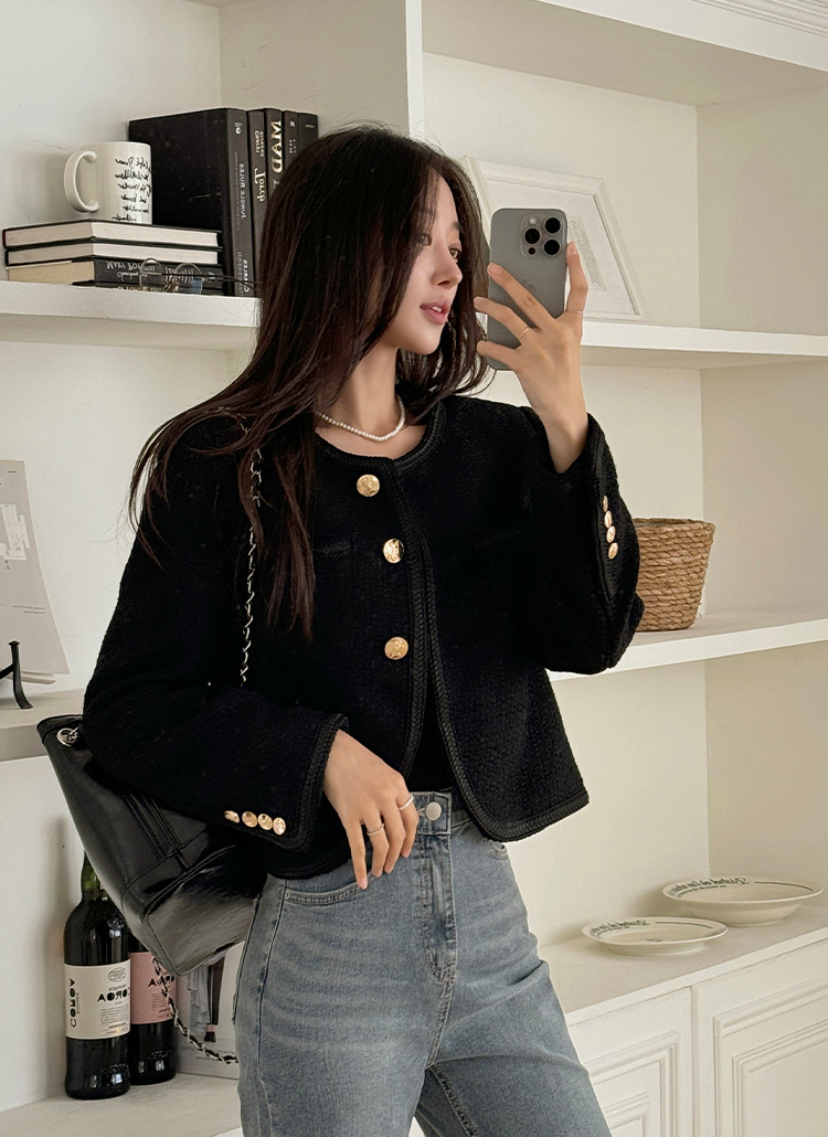 美品　ルーニィ　ツイードジャケット　　ニットジャケット　黒　金ボタン KOBE LETTUCE（神戸レタス） ジャケット ノーカラージャケット ダブル