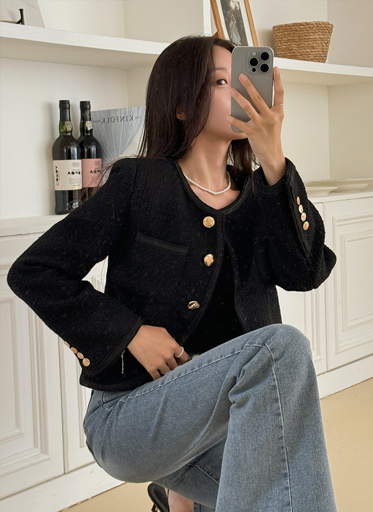 ウール混ゴールドボタンツイードジャケット | レディースファッション