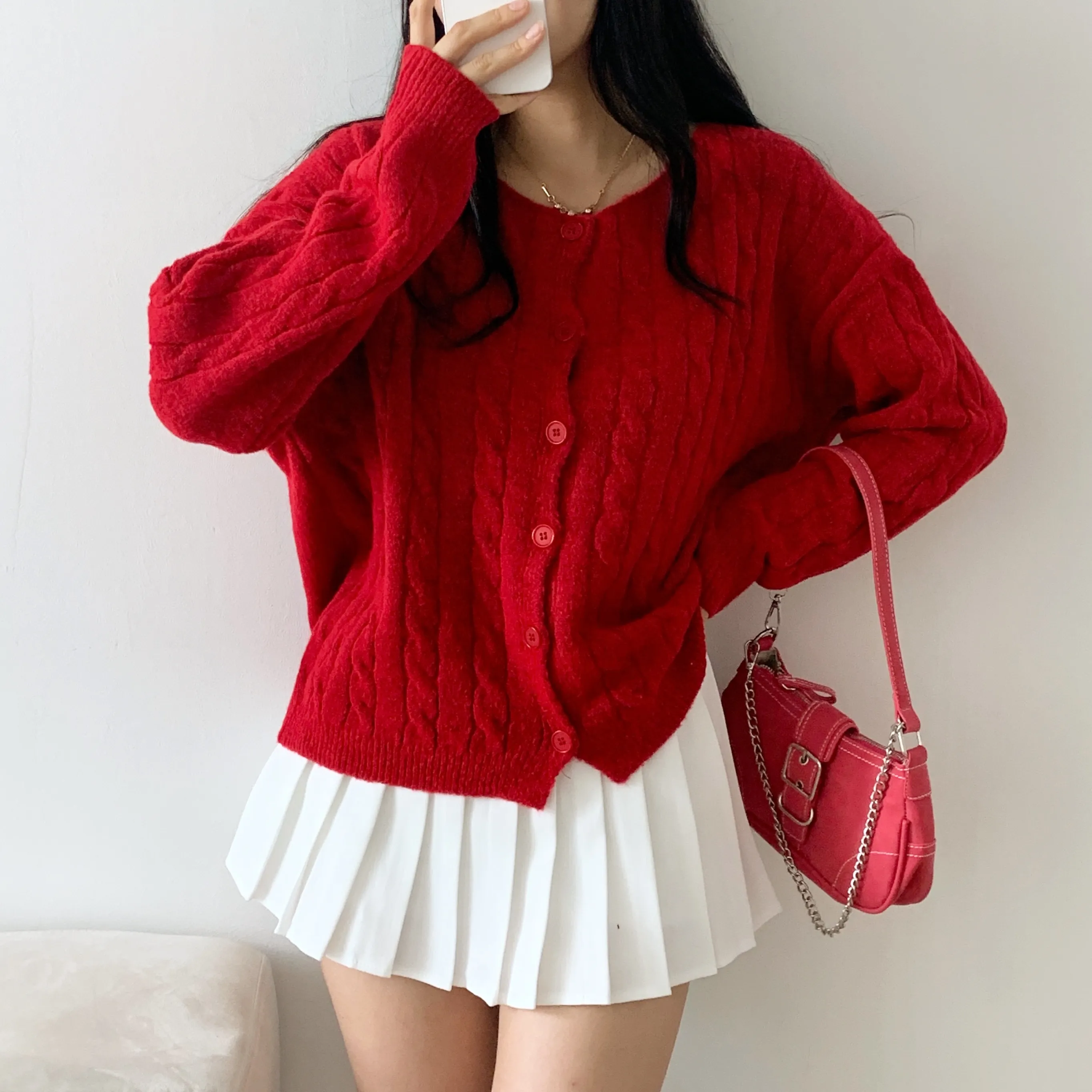 ラウンドネックルーズケーブルニットカーディガン | 詳細画像1