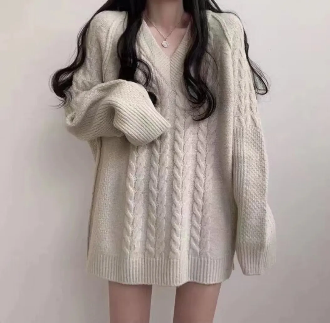 Vネックルーズケーブルニットミニワンピース | 詳細画像1