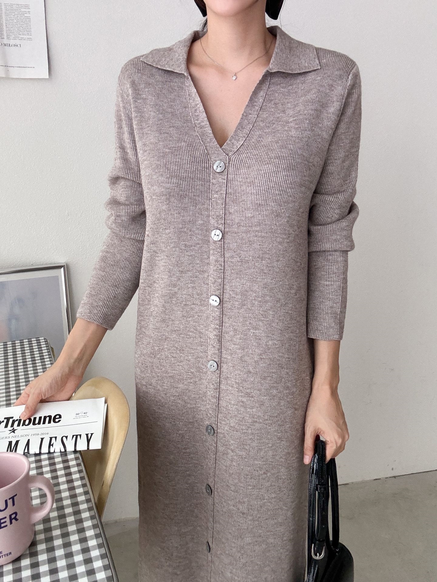 カラーVネックボタンリブニットワンピース | 詳細画像9