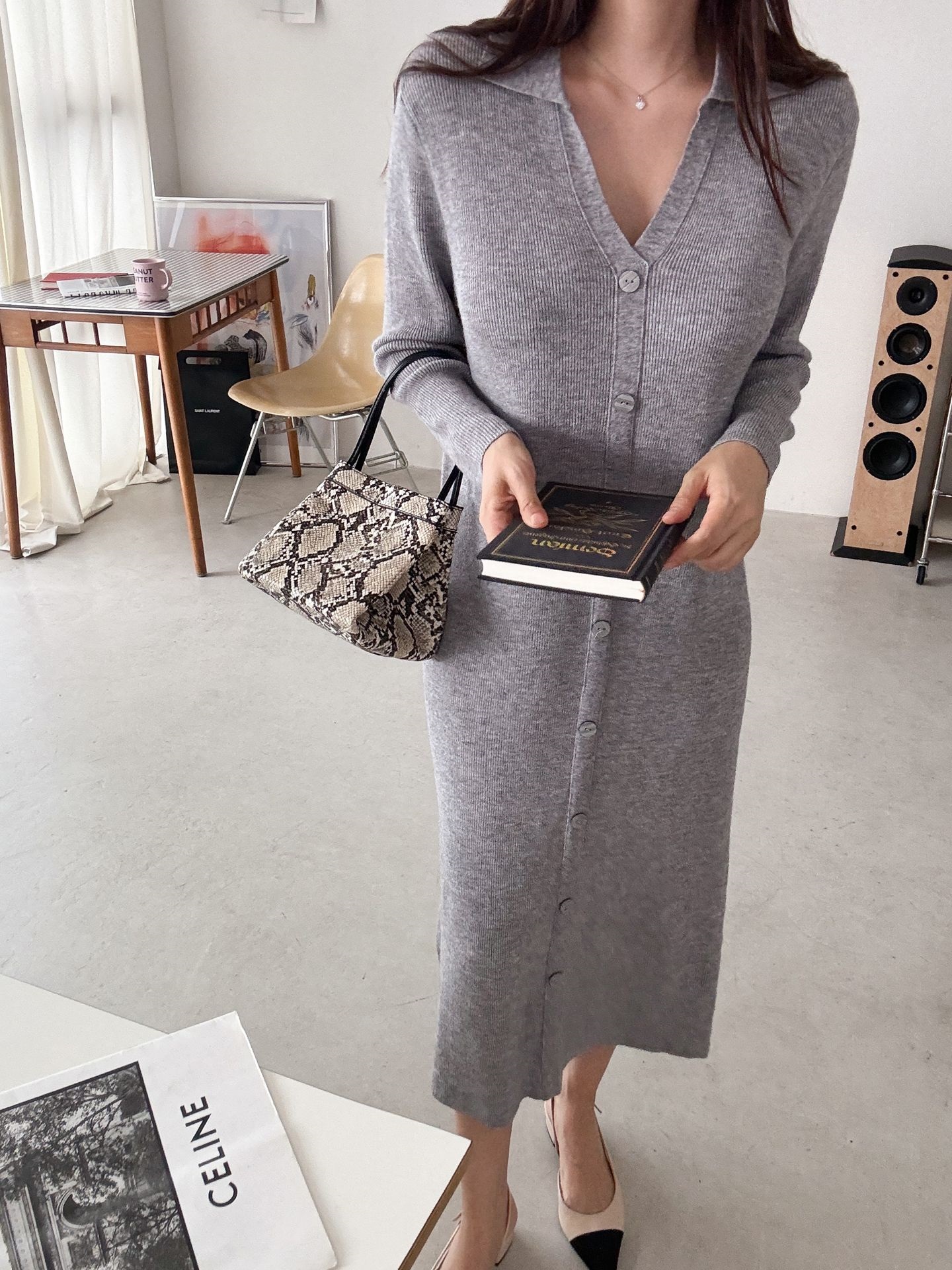 カラーVネックボタンリブニットワンピース | 詳細画像14