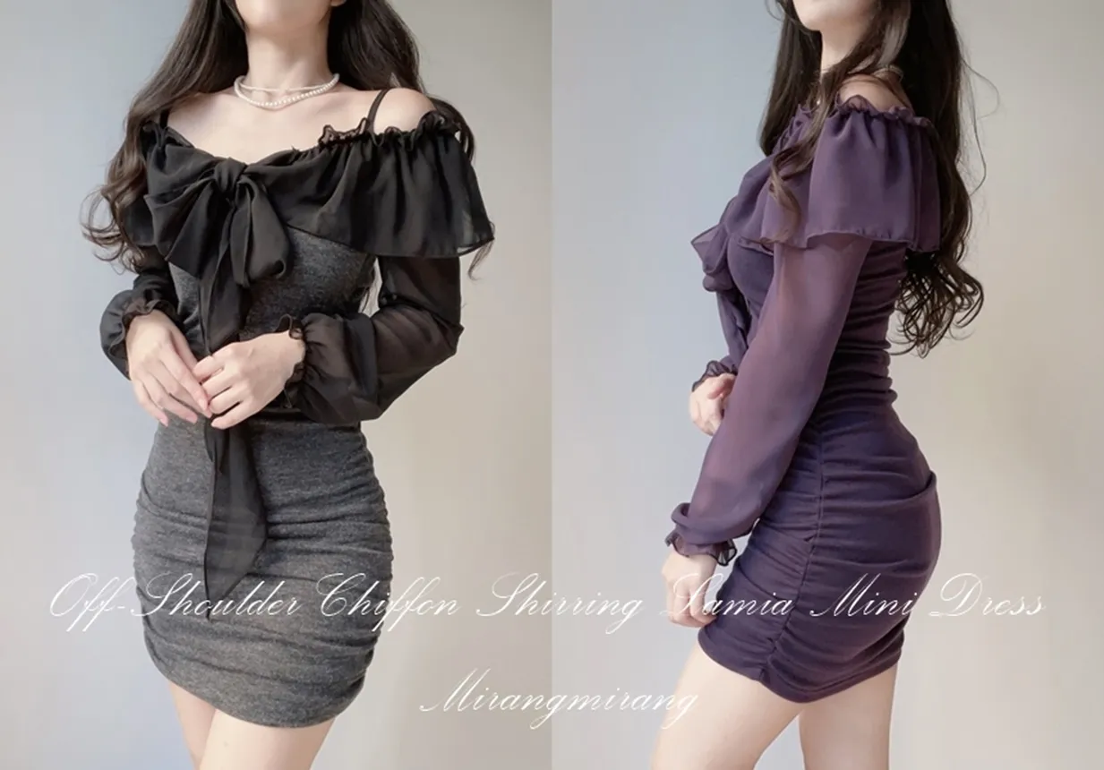 シフォンフリルリボンオフショルスリムミニワンピース | mirangmirang | 詳細画像1