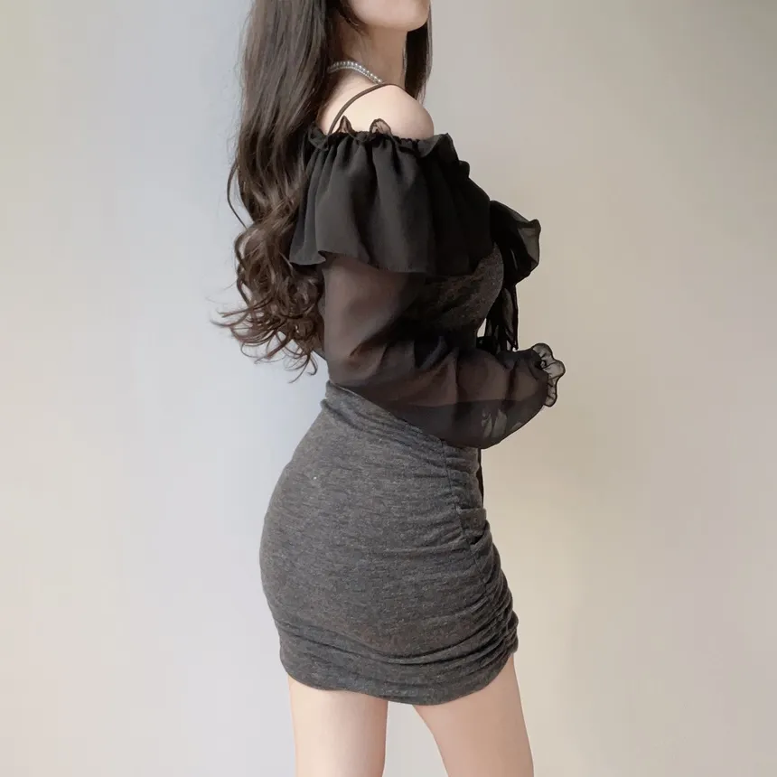 シフォンフリルリボンオフショルスリムミニワンピース | mirangmirang | 詳細画像3