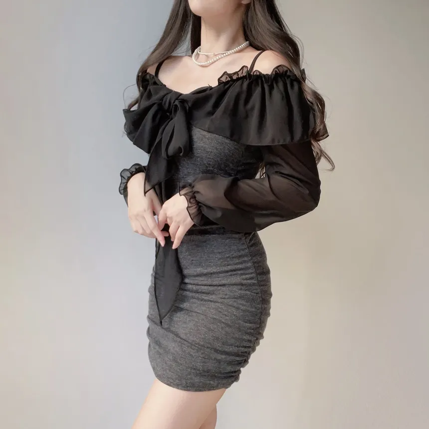 シフォンフリルリボンオフショルスリムミニワンピース | mirangmirang | 詳細画像6