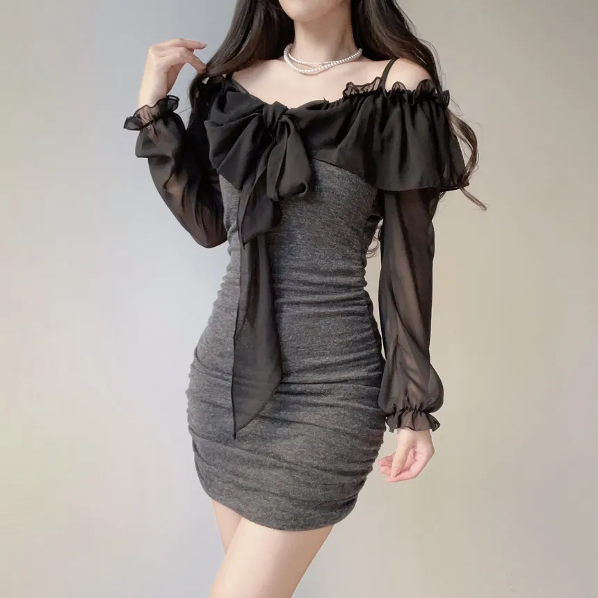 シフォンフリルリボンオフショルスリムミニワンピース | mirangmirang | 詳細画像7