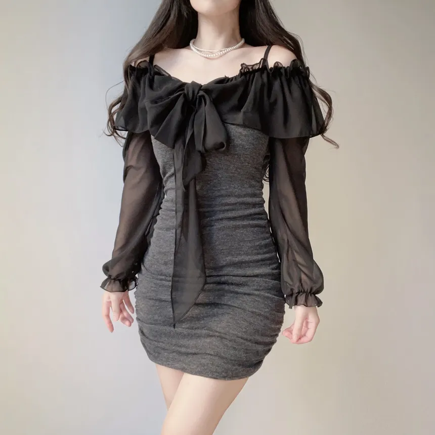 シフォンフリルリボンオフショルスリムミニワンピース | mirangmirang | 詳細画像8