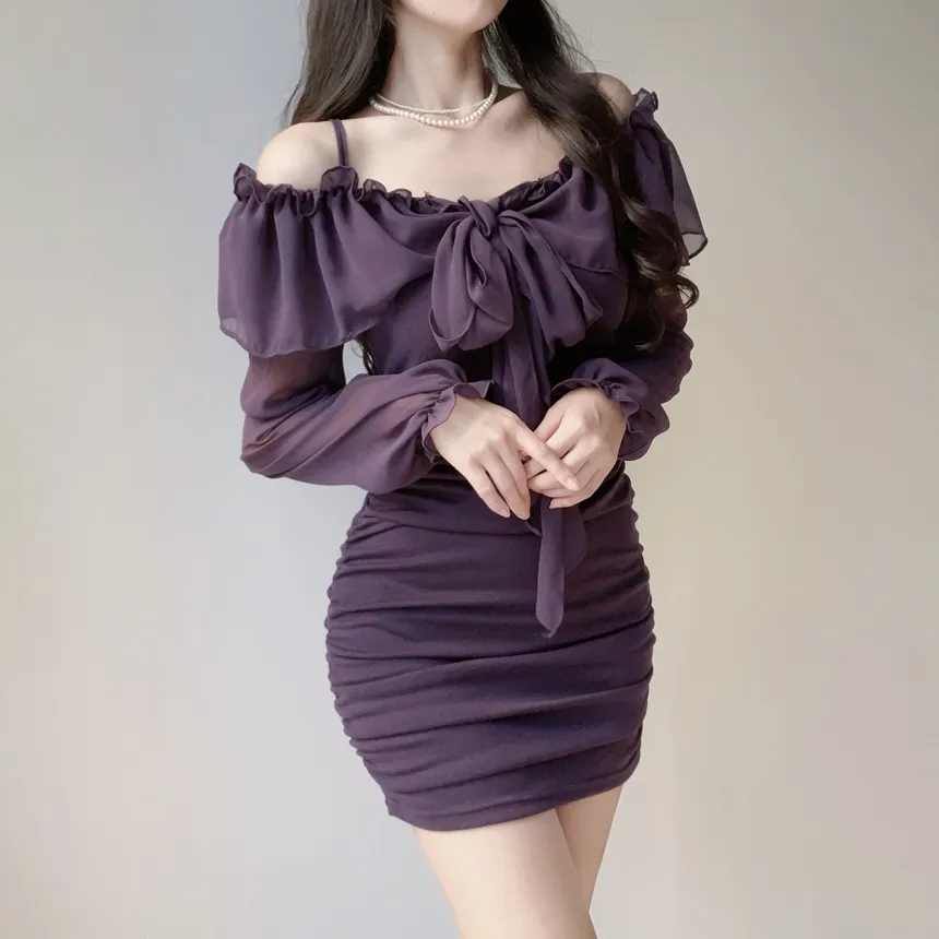 シフォンフリルリボンオフショルスリムミニワンピース | mirangmirang | 詳細画像10