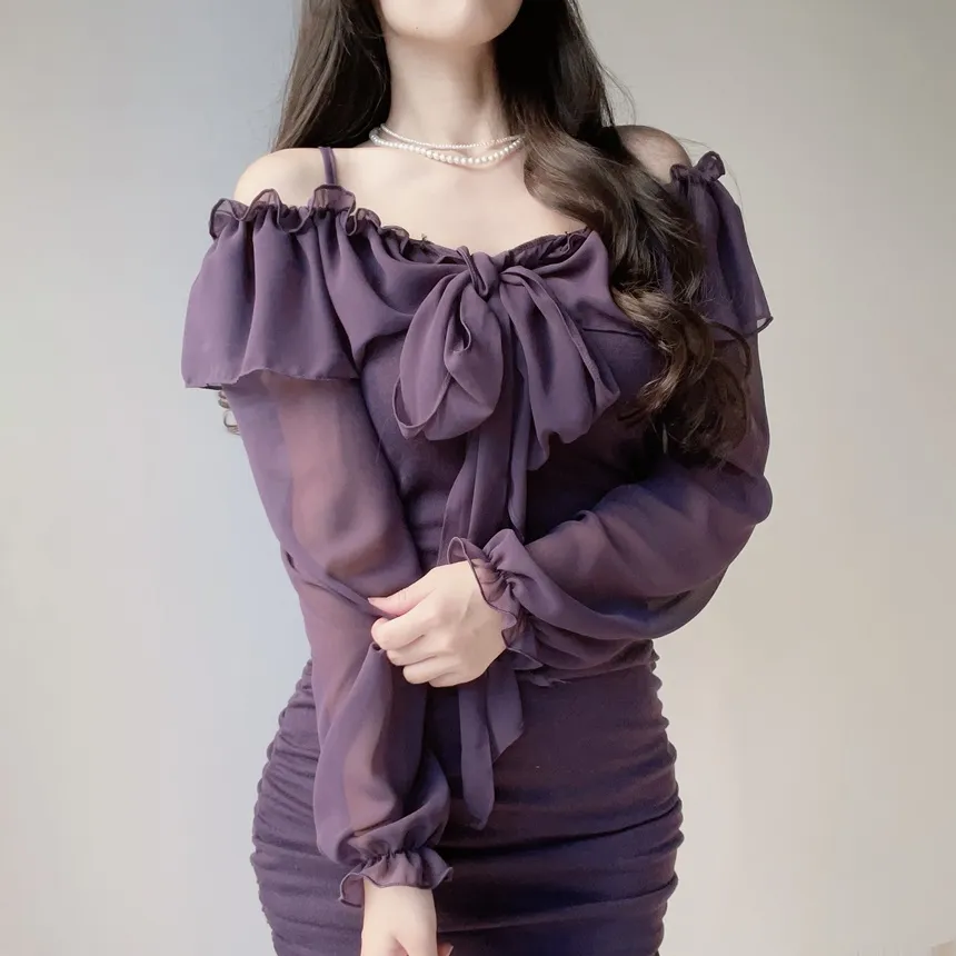 シフォンフリルリボンオフショルスリムミニワンピース | mirangmirang | 詳細画像11