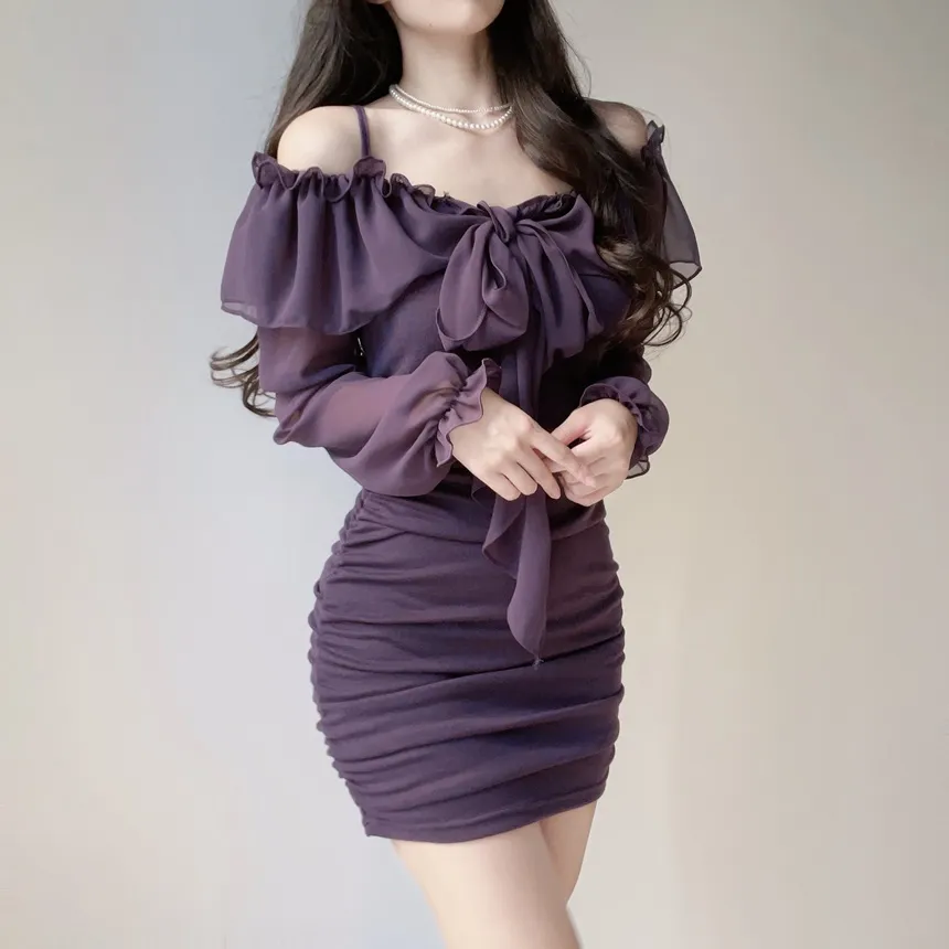 シフォンフリルリボンオフショルスリムミニワンピース | mirangmirang | 詳細画像13