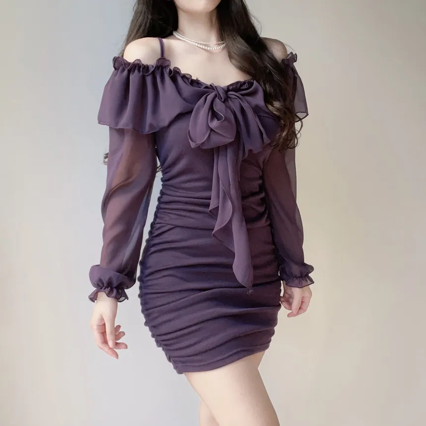 シフォンフリルリボンオフショルスリムミニワンピース | mirangmirang | 詳細画像14