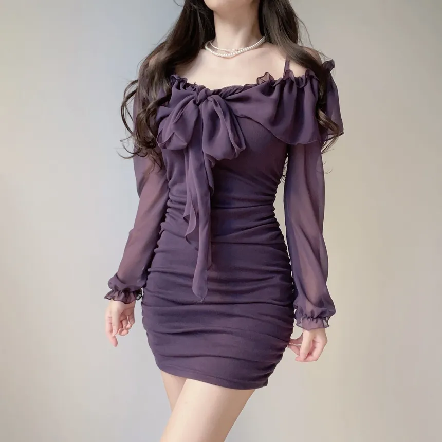 シフォンフリルリボンオフショルスリムミニワンピース | mirangmirang | 詳細画像17