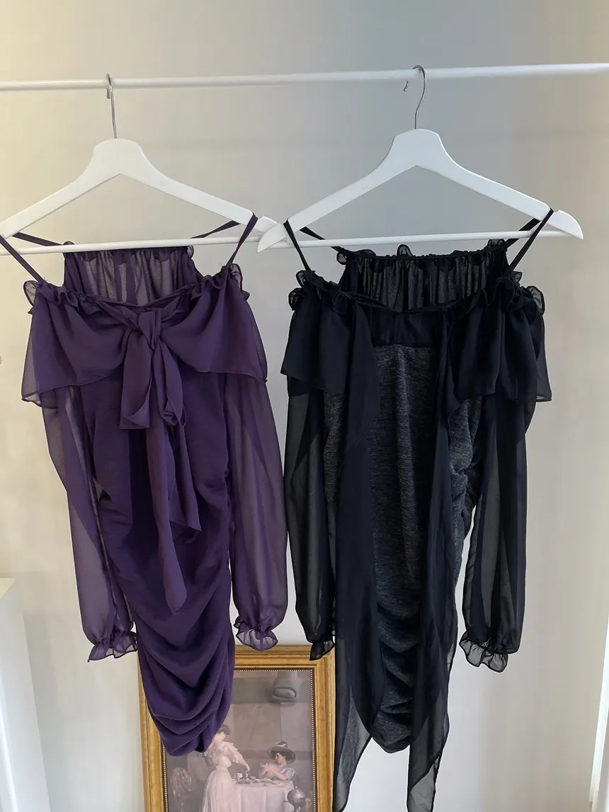 シフォンフリルリボンオフショルスリムミニワンピース | mirangmirang | 詳細画像18