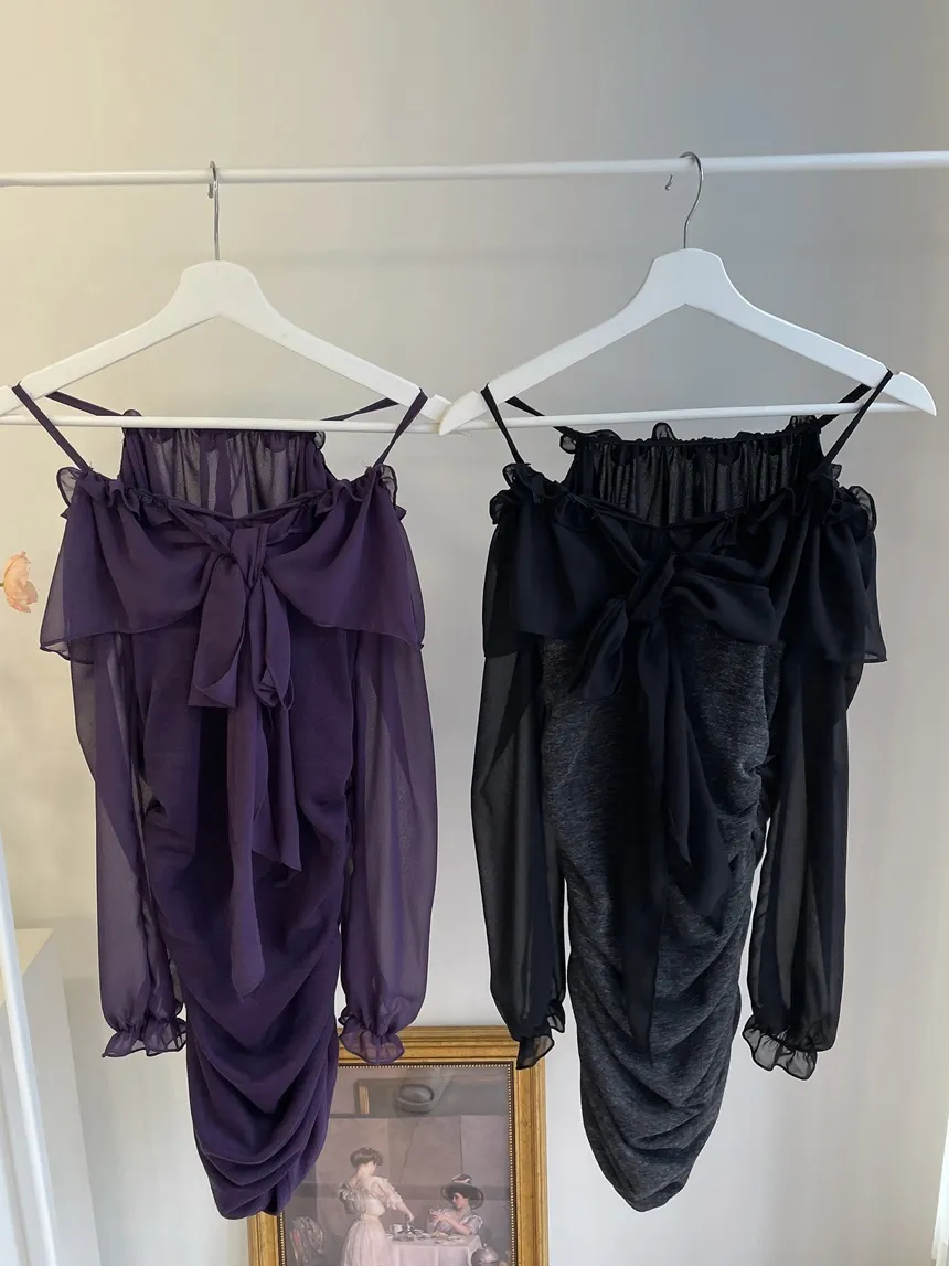 シフォンフリルリボンオフショルスリムミニワンピース | mirangmirang | 詳細画像19