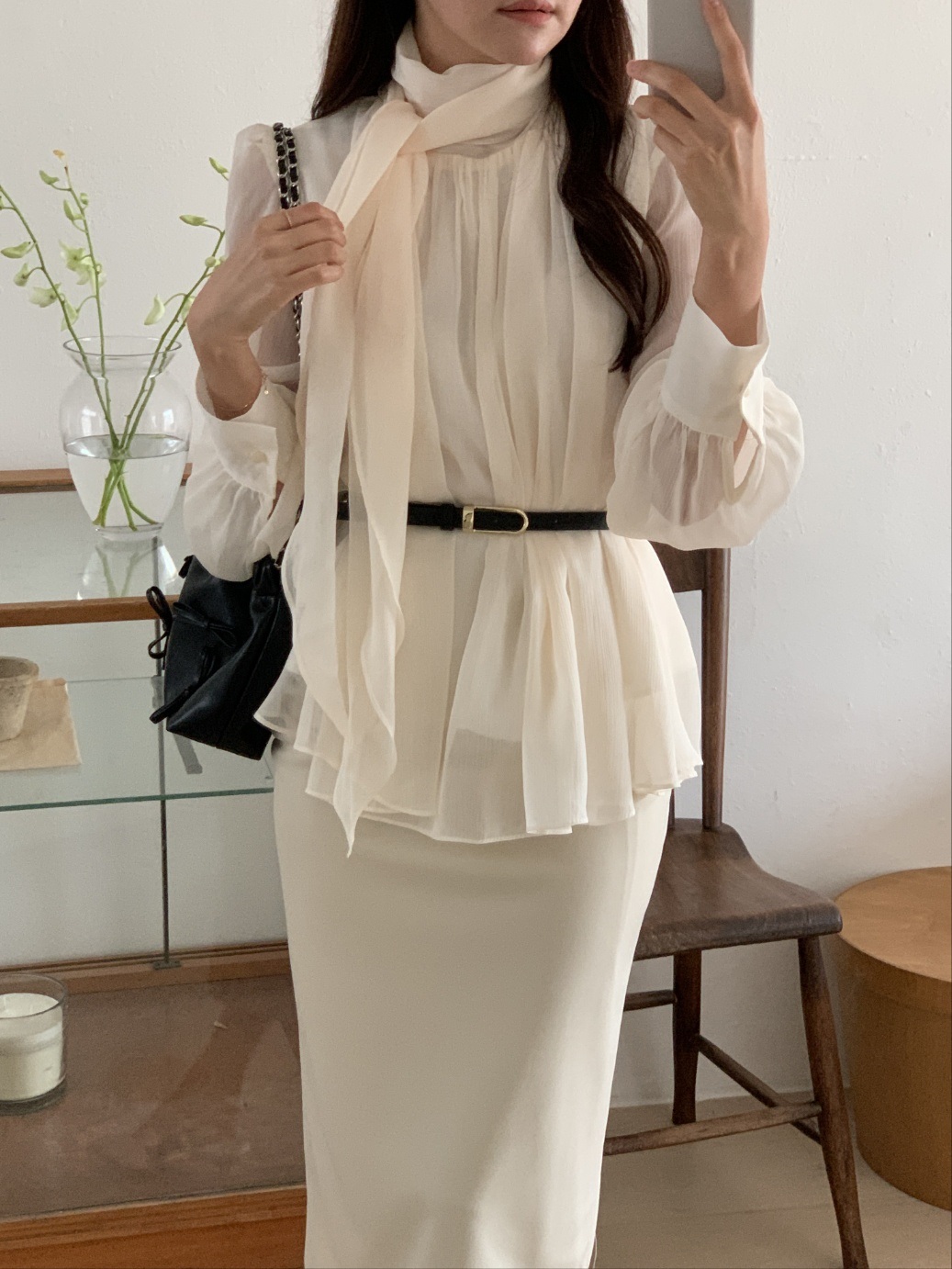 ベルト付スカーフネックフレアシフォンブラウス | 詳細画像3