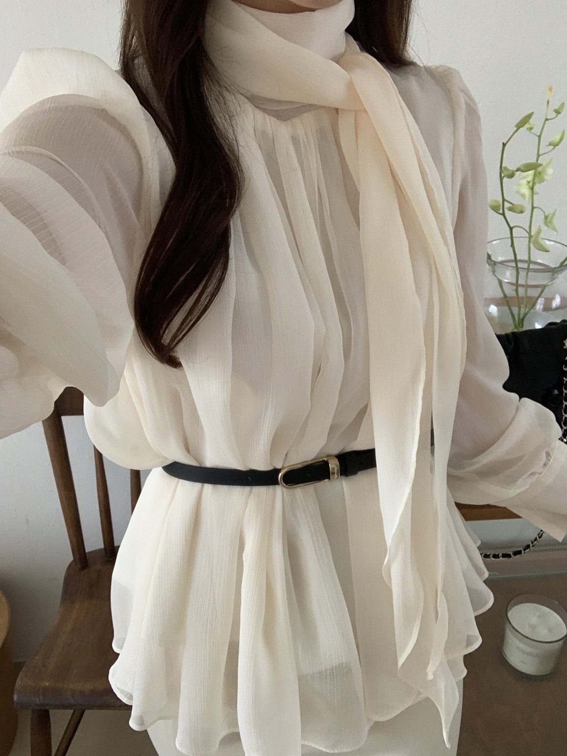 ベルト付スカーフネックフレアシフォンブラウス | 詳細画像6