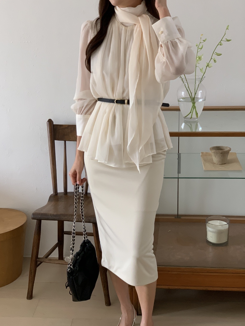 ベルト付スカーフネックフレアシフォンブラウス | 詳細画像8