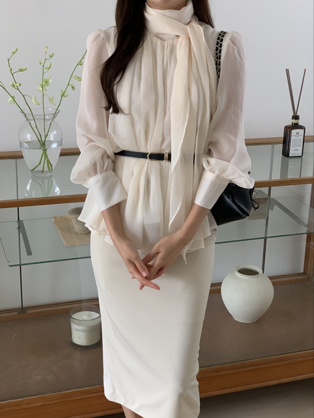 ベルト付スカーフネックフレアシフォンブラウス | 詳細画像10