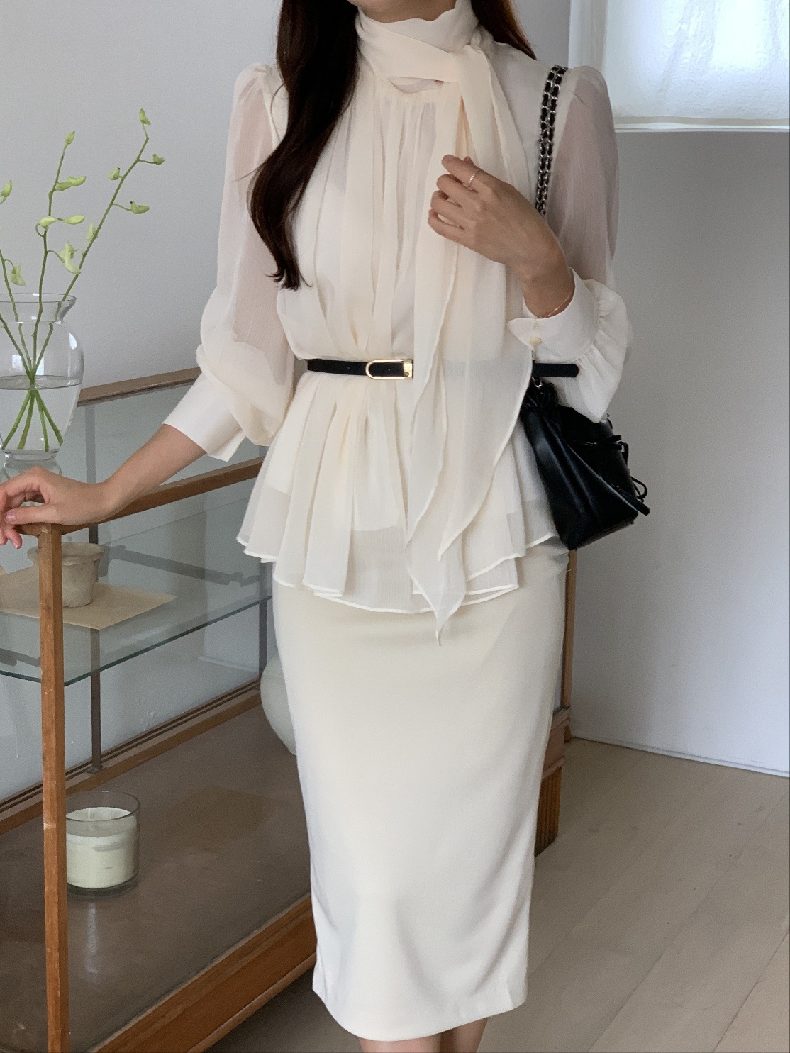 ベルト付スカーフネックフレアシフォンブラウス | 詳細画像11