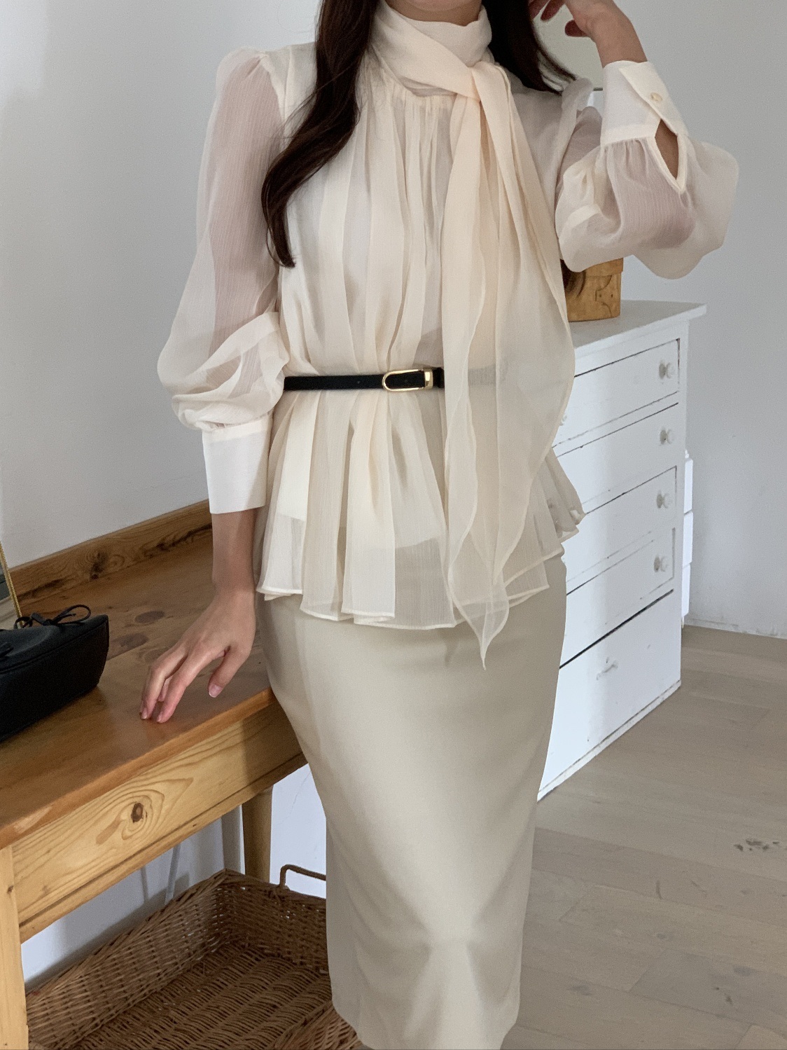 ベルト付スカーフネックフレアシフォンブラウス | 詳細画像12