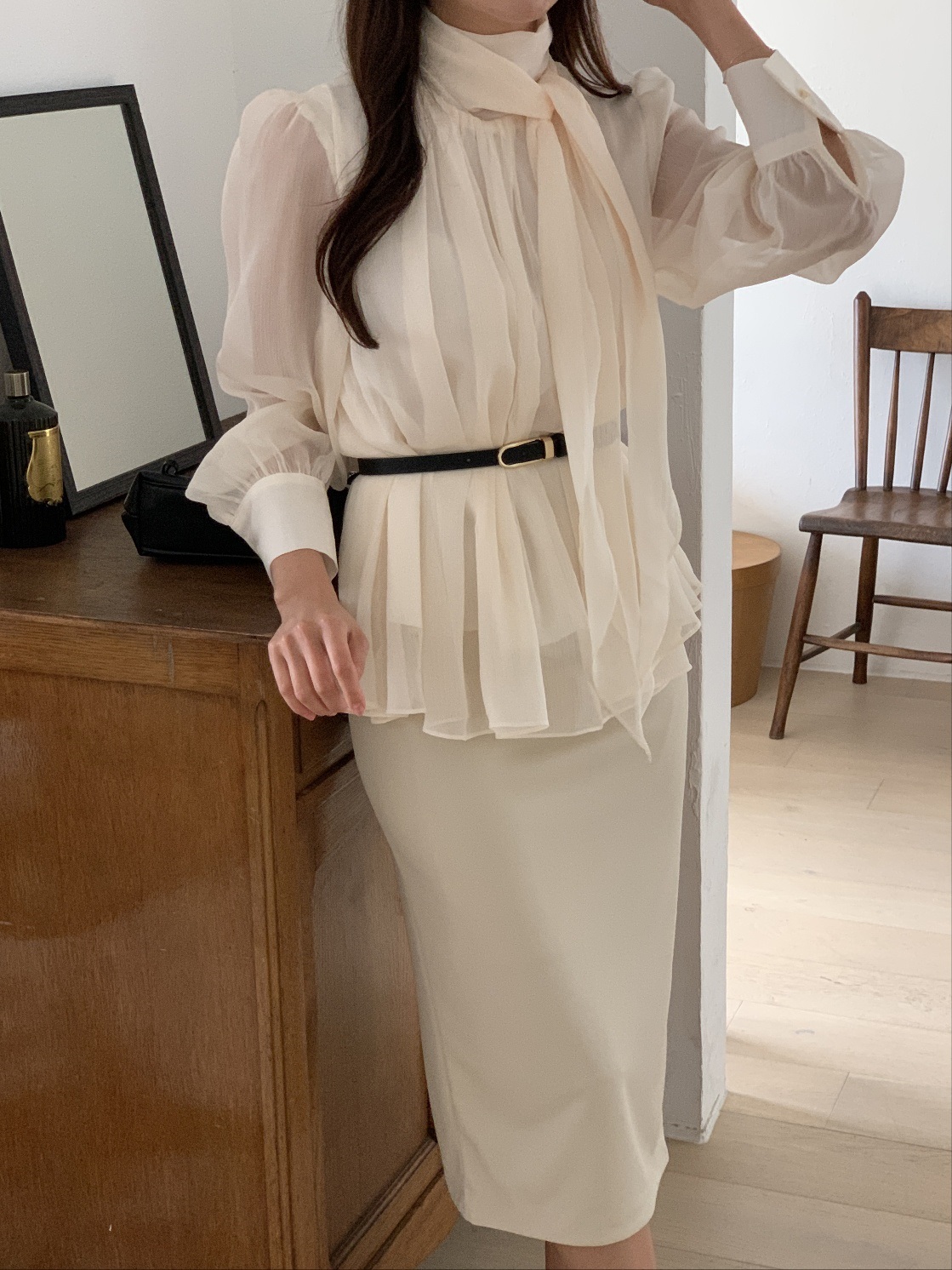 ベルト付スカーフネックフレアシフォンブラウス | 詳細画像14