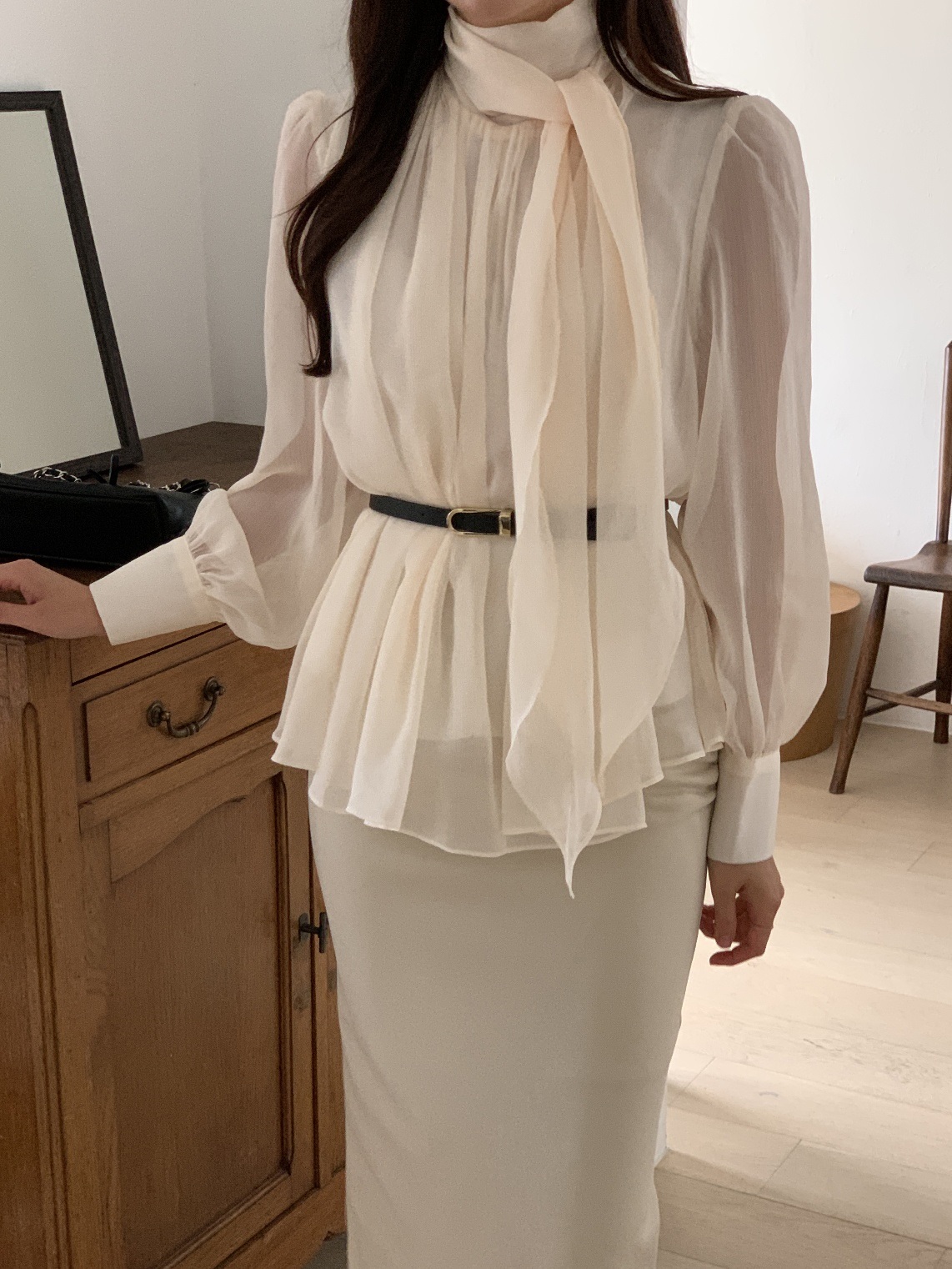 ベルト付スカーフネックフレアシフォンブラウス | 詳細画像15