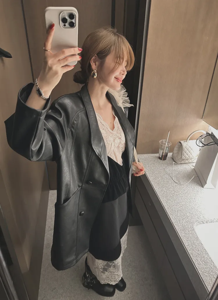 くるみボタンエコレザージャケット | partysu | 詳細画像1