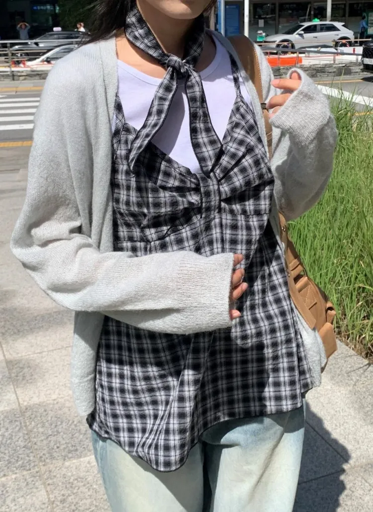 スカーフ付チェックリボンチュニックキャミブラウス | mandarinetree | 詳細画像1