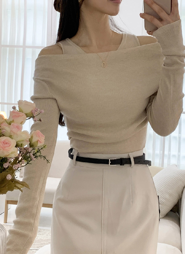 タンクトップレイヤード風オフショルニット | レディースファッション