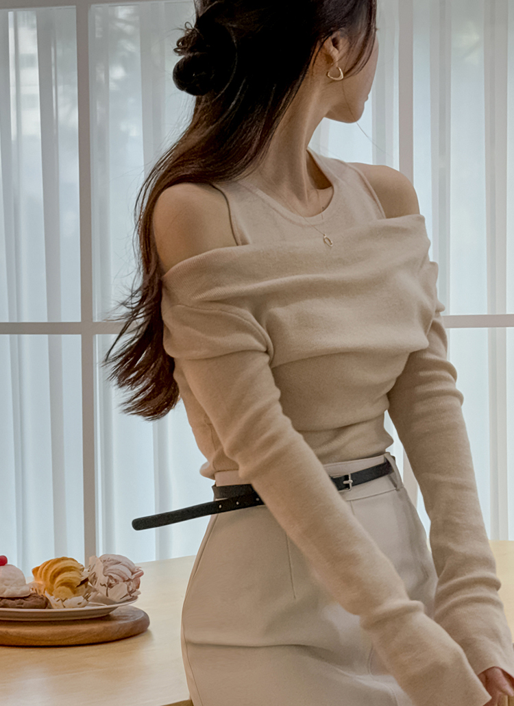 タンクトップレイヤード風オフショルニット | レディースファッション