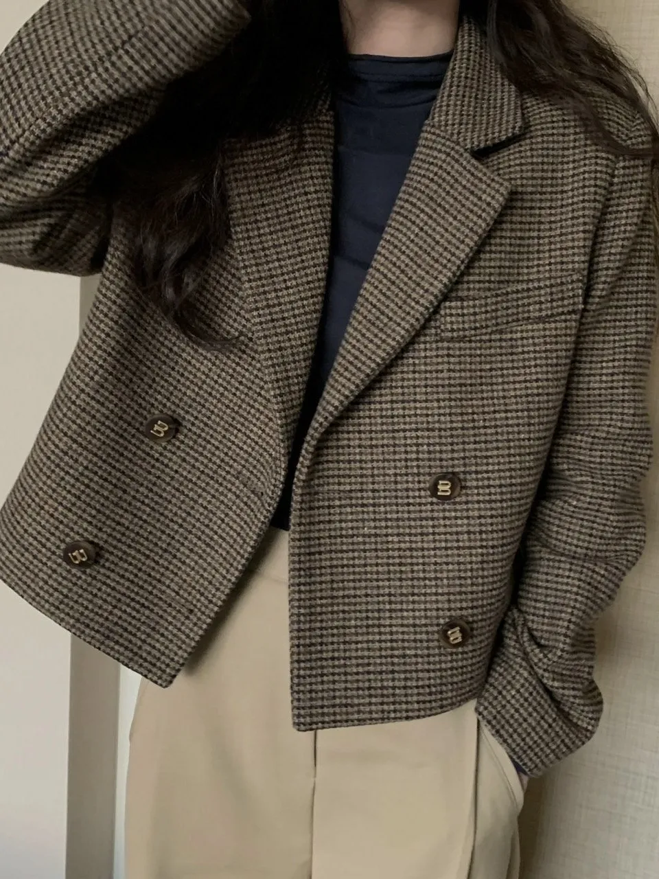 ウール混ハウンドトゥースクロップドジャケット | レディース  