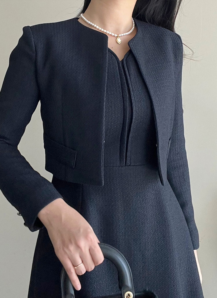 ショートツイードジャケット&ハートネックノースリフレアワンピースSET