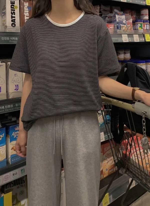 配色ラウンドネックボーダー半袖Tシャツ | crushj | 詳細画像1