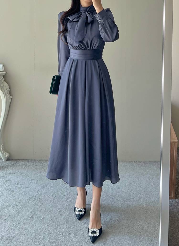 ハイネックスカーフサテンワンピース | レディースファッション