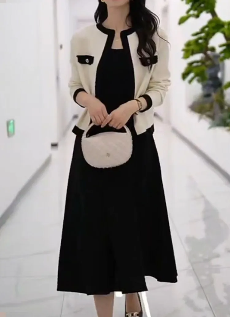 配色フラップニットカーディガン&ノースリロングワンピースSET | KEECHEL | 詳細画像1