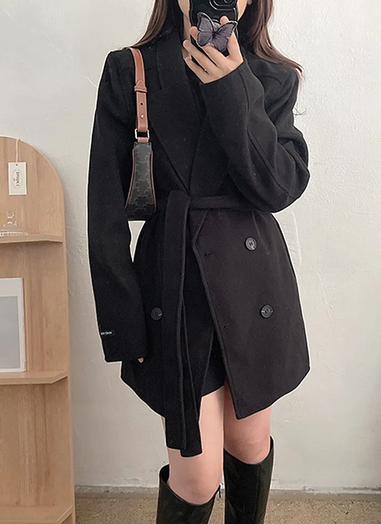 ストラップ付ウール混ダブルボタンミドルコート | ladyl | 詳細画像1