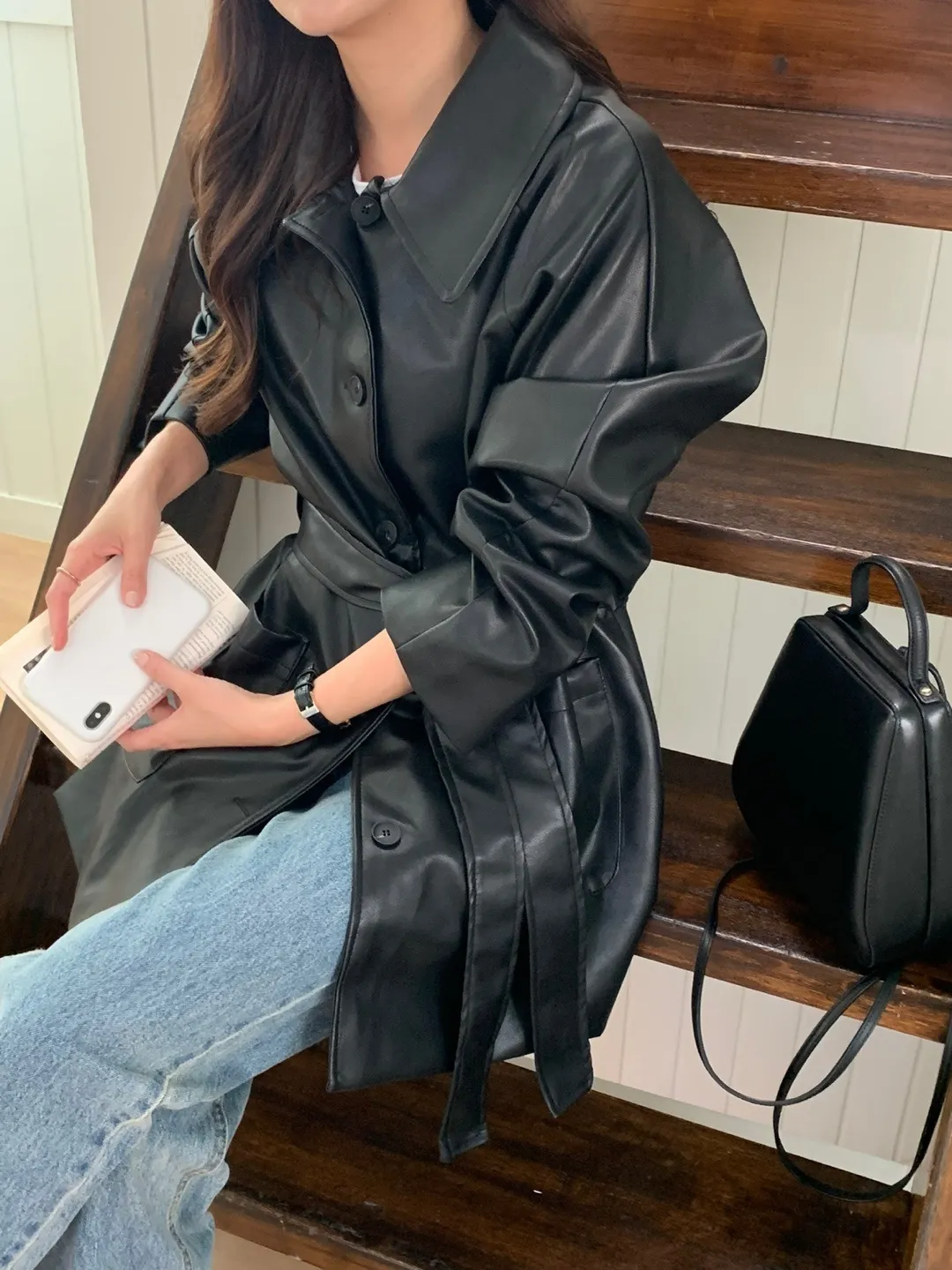 ストラップ付レザー調ポケットミドルジャケット | 詳細画像1